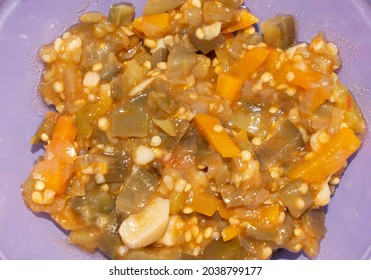 Eggplant caviar cooked with fresh vegetables for canning
