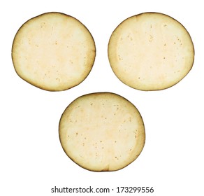 Eggplant Section Cut Slice Isolated Over White Background, Set Of Three