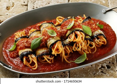 eggplant stuffed pasta in tomato sauce