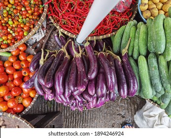 Eggplant And Various Vegetables Being Sold At A Local Wet Market In Indonesia