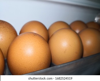 Eggs Are Arranged In A Chilled Egg Tray In The Refrigerator.