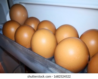 Eggs Are Arranged In A Chilled Egg Tray In The Refrigerator.