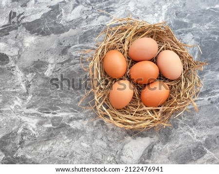 Eggs in a bird's nest on a black and gray marble background for Easter.