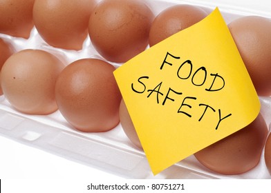 Eggs Can Carry Salmonella Food Safety Concept Concept With Brown Egg And Yellow Note.