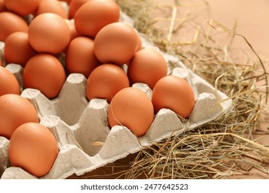 Eggs in carton box with hay on beige background - Powered by Shutterstock