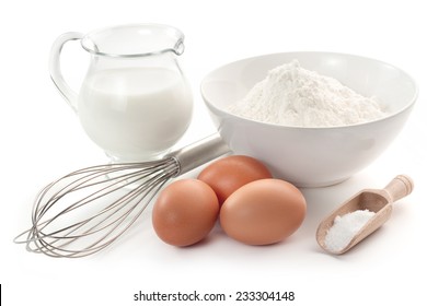 Eggs, Flour, Milk, Sugar And Wire Whisk