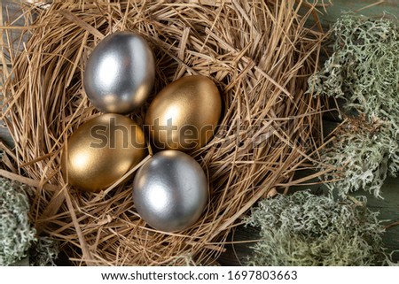 Eggs in a nest. Easter golden and silver eggs.