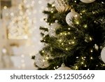 Eggs on the Christmas tree close-up. Christmas tree decorations. Concept for celebrating New Year and Christmas