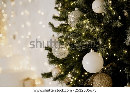 Eggs on the Christmas tree close-up. Christmas tree decorations. Concept for celebrating New Year and Christmas