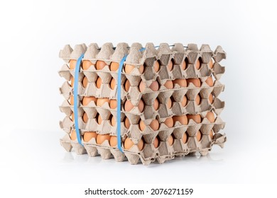 eggs in paper trays on white background with blue plastic strap.