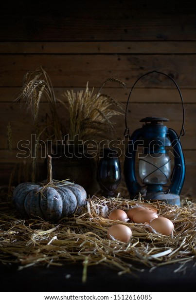 Eggs Straw Nest Old Lanterns Old Stock Photo Edit Now 1512616085