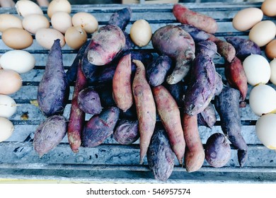 Eggs, Toast And Sweet Potato Bake On Hot Coals,Winter Food.