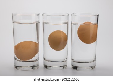 Eggs in water test on transparent glass , Egg freshness test on white background , Bad egg floats in water 