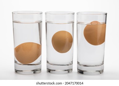 Eggs in water test on transparent glass , Egg freshness test on white background , Bad egg floats in water 