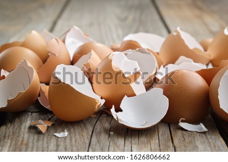 Eggshell. Shell of eggs on wooden kitchen table.