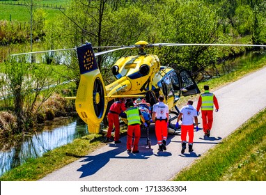 Egling, Germany - April 23: rescue workers during a mission near the isar river in egling on April 23, 2020