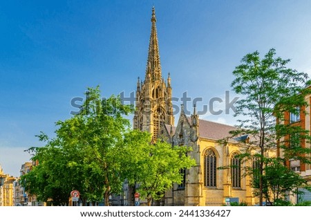 Eglise Saint-Maurice Roman Catholic church Neo-Gothic style building with spire on Rue Pierre-Mauroy street in Lille city historical center, French Flanders, Hauts-de-France Region, Northern France