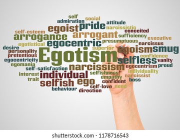 Egotism Word Cloud And Hand With Marker Concept On Gradient Background. 