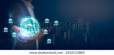 E-governance technology, Businessman holding virtual glob and the e-governance icon on the global network structure. Ensuring secure e-governance of business in the era of global connectivity