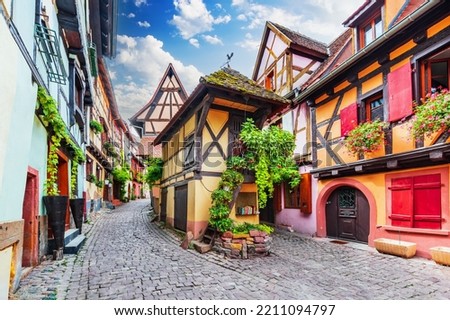Eguisheim, France. One of the pearls of Alsace, an authentic fairytale place, most beautiful villages of France.