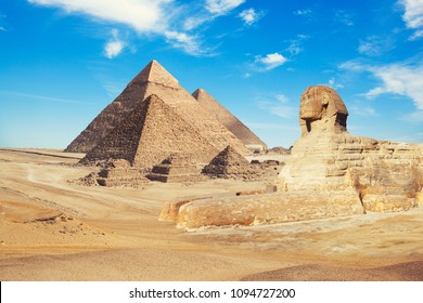 Egypt Cairo - Giza. General view of pyramids with Sphinx