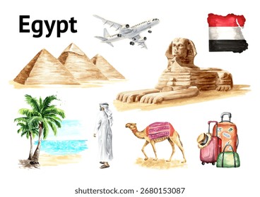 Egypt design elements set. Hand drawn watercolor illustration,  isolated on white background