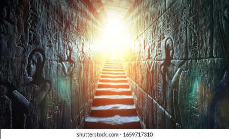Egypt Edfu temple, Aswan. Passage flanked by two glowing walls full of Egyptian hieroglyphs, illuminated by a warm orange backlight from a door - Shutterstock ID 1659717310