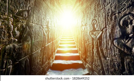 Egypt Edfu temple, Aswan. Passage flanked by two glowing walls full of Egyptian hieroglyphs, illuminated by a warm orange backlight from a door - Shutterstock ID 1828649252