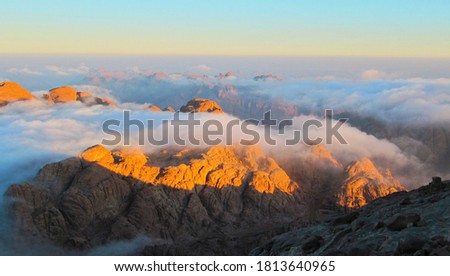 
Egypt Mount Moses (Mount Sinai). Magnificent sunrise. View from the top of the mountain.