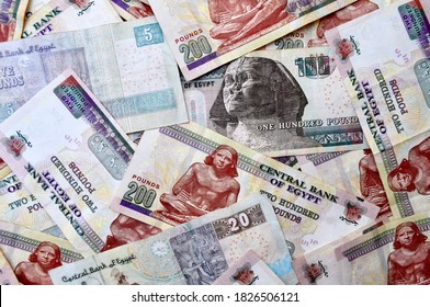 Egypt national currency backdrop. Money banknotes. Egyptian pound banknotes background. EGP. Top view