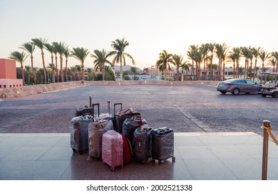 Egypt, Sharm El-Sheikh - 21.06.2021. New Arrival Tourists Baggage At Resort Hotel Entrance Waiting For Tranfer To Hotel Room