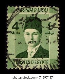 EGYPT-CIRCA 1937:A Stamp Printed In Egypt Shows Image Of Farouk I Of Egypt, Who Was The Tenth Ruler From The Muhammad Ali Dynasty And The Penultimate King Of Egypt And Sudan,  Circa 1937.