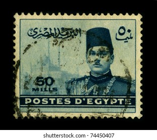 EGYPT-CIRCA 1950:A Stamp Printed In Egypt Shows Image Of Farouk I Of Egypt, Was The Tenth Ruler From The Muhammad Ali Dynasty And The Penultimate King Of Egypt And Sudan,  Circa 1950