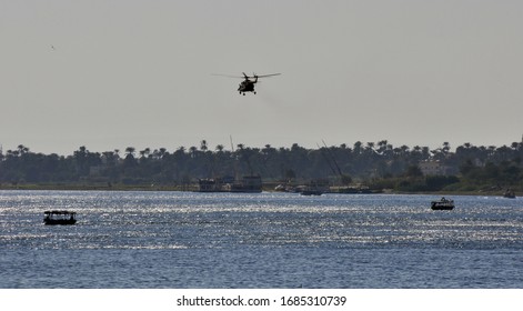 Egyptian Air Force Helicopter Over The Nile River In Luxor. Egypt.