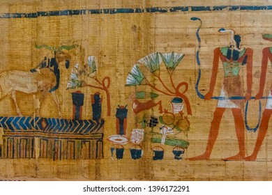 Egyptian ancient papyrus with different pictures and hieroglyphics - Shutterstock ID 1396172291