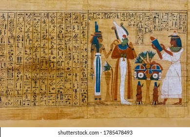 Egyptian ancient papyrus with different pictures and hieroglyphics