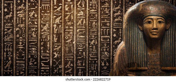 Egyptian mummy in a sarcophagus on background of ancient Egyptian hieroglyphs.  Wide historical and culture background. Ancient Egyptian hieroglyphs as a symbol of the history of the Earth.   - Shutterstock ID 2226822719