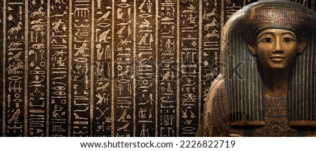 Egyptian mummy in a sarcophagus on background of ancient Egyptian hieroglyphs.  Wide historical and culture background. Ancient Egyptian hieroglyphs as a symbol of the history of the Earth.  