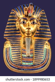 Egyptian Pharaoh Tutankhamun's Burial Mask On Blue Background.