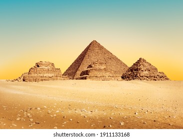 Egyptian pyramids on Giza Plateau at sunset for your stories of Cairo tour. Tomb of the pharaoh Menkaure, Mykerinos or Menkheres with small pyramids of ancient civilization of Egypt.