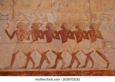 Egyptian soldiers in the expedition to the Land of Punt at the Temple of Hatshepsut. Luxor .Egypt. 