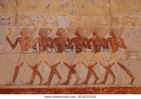 Egyptian soldiers in the\
expedition to the Land of Punt at the Temple of Hatshepsut. Luxor\
.Egypt. 