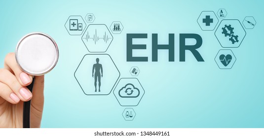 EHR Electronic Health Record EMR Medical Automation System Medicine Internet Concept. Doctor With Stethoscope.