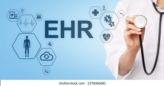 EHR Electronic Health Record EMR Medical Automation System Medicine Internet Concept. Doctor With Stethoscope.