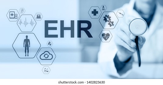 EHR Electronic Health Record EMR Medical Automation System Medicine Internet Concept. Doctor With Stethoscope.