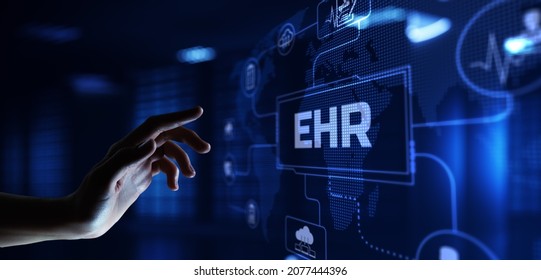 EHR Electronic Health Record Software System. Businessman Pressing Button On Screen.