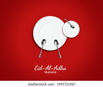 Eid Al Adha Mubarak Greeting Card With For Restaurant Or Food Brand. Traditional Muslim Holiday. Eid Al Adha Mubarak Concept Background