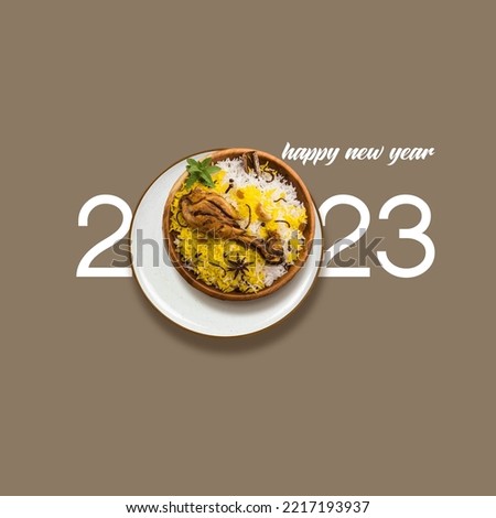eid and Happy New Year 2023 concept for restaurant brand isolated on brown background.new year concept