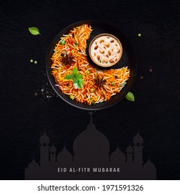 Eid Mubarak (Blessing For Eid): A Creative Poster For Eid With Moon And Iftar Meal Together.