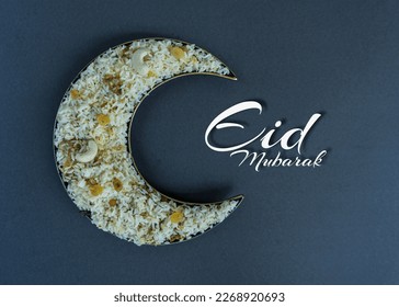 Eid Mubarak Greetings Biryani in a crescent moon shape plate flatly image - Shutterstock ID 2268920693